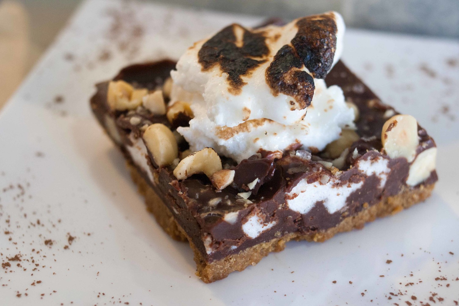 S'mores bars. Toasted hazelnuts, homemade bergamot marshmallows + sea salt